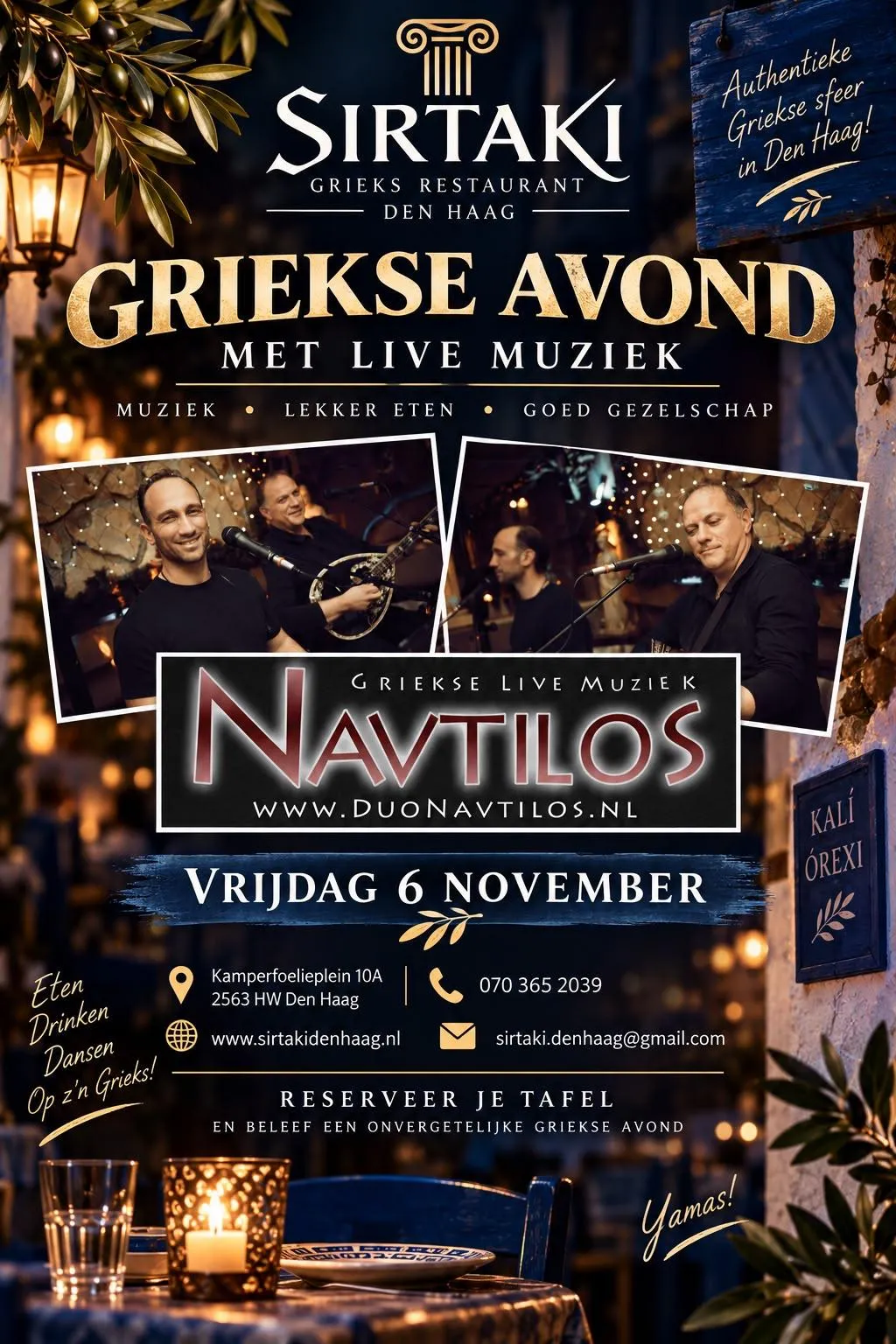 Affiche Griekse avond met live muziek van Duo Navtilos bij Sirtaki